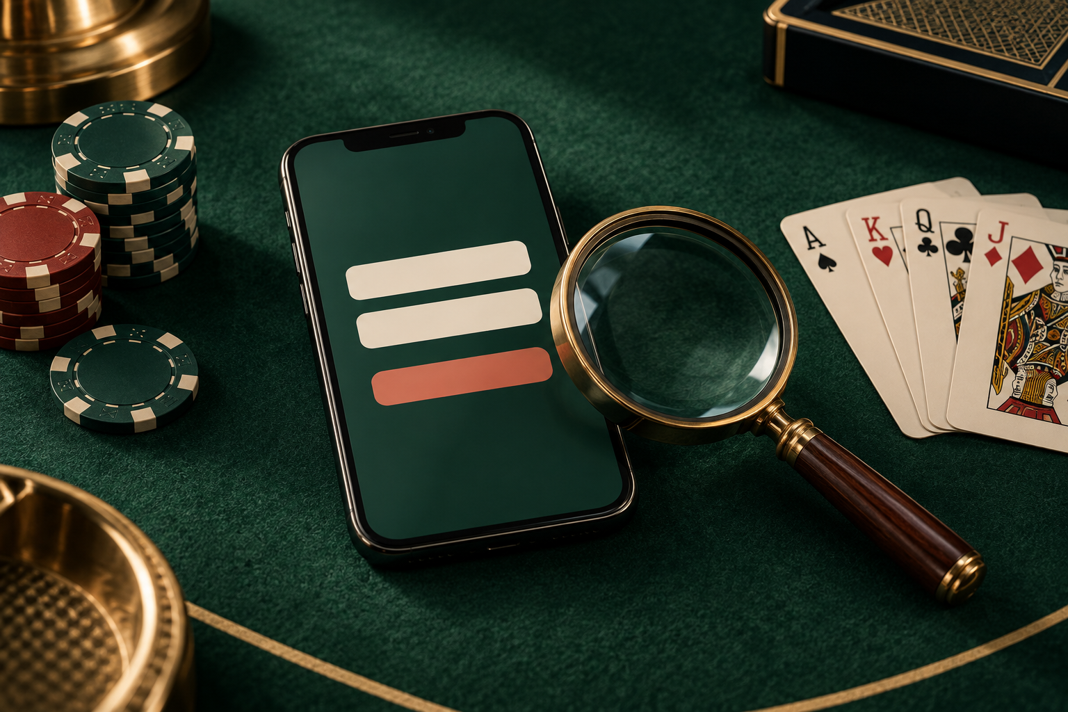 Ilustrasi layar akses akun dengan kartu kasino, chip, dan kaca pembesar