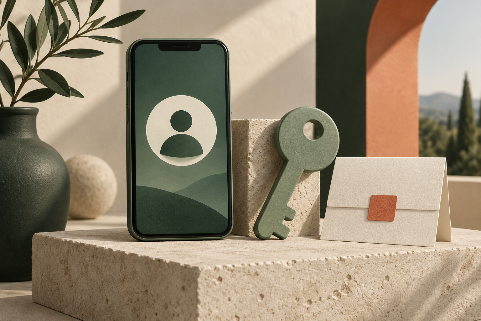 Ilustrasi telepon, kunci, dan amplop untuk akses serta pemulihan